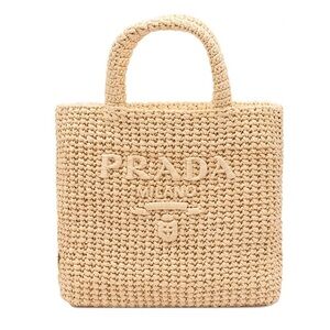 PRADA Logo Embroidered Small Crochet Raffia Tote Bag